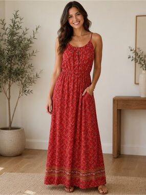 Old Navy Red Floral Maxi Dress with Spaghetti Straps